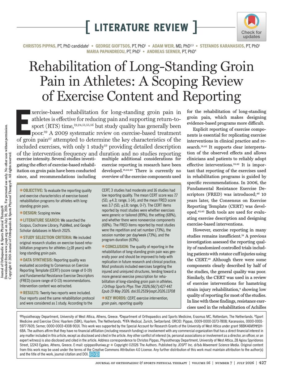 Tatopek1's tweet photo. 🆕"Rehab of Long-Standing Groin Pain in Athletes"
➡️Most rehab protocols included varied content, addressed multiple muscle groups regardless of the specific entity involved &amp; use more general exercise prescriptions
👉C.Pippas et al. 2026 🇳🇱
📂Open Access: https://t.co/0NSdoGD5xs https://t.co/vLtV90r8MM