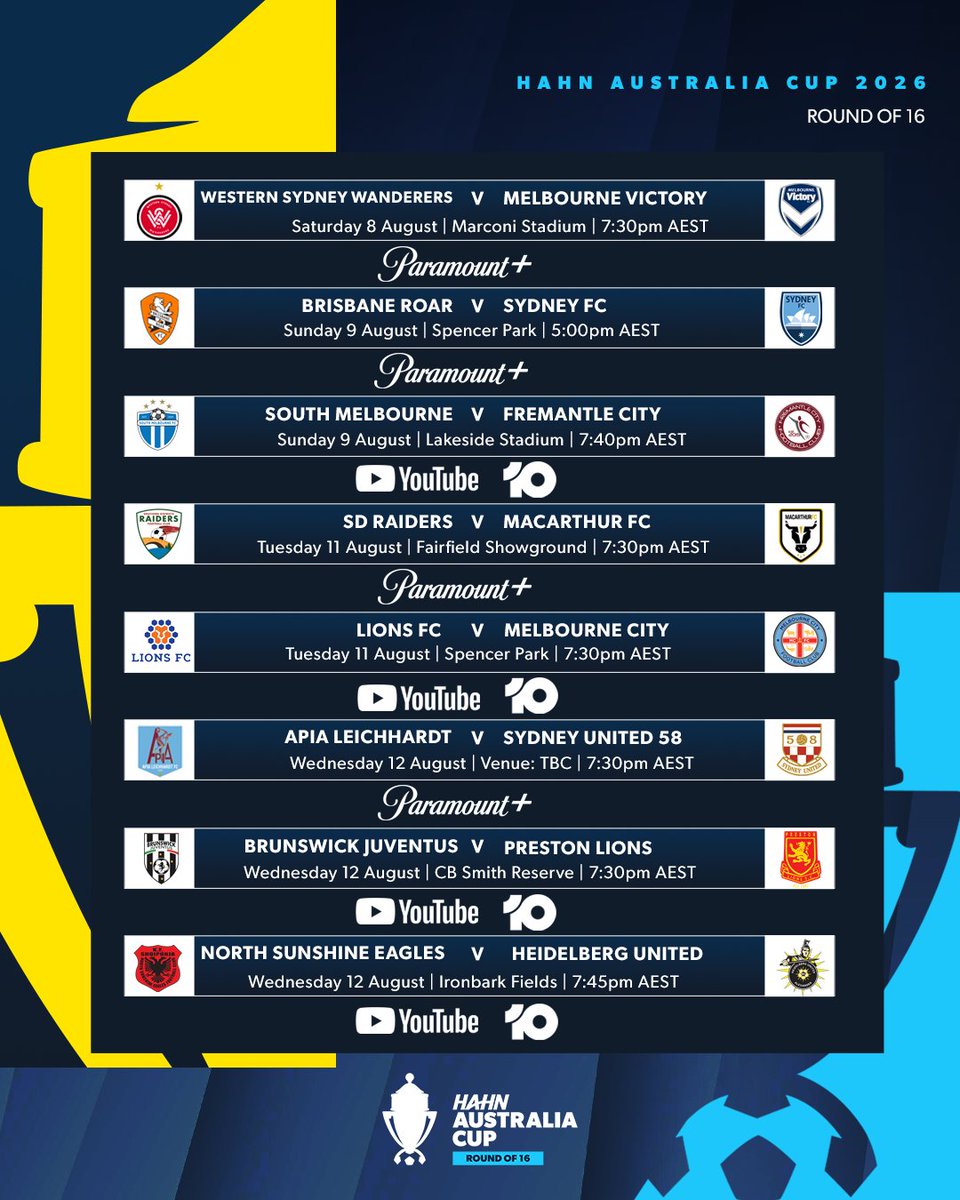 AustraliaCup's tweet photo. The fixture details for the Round of 16 of the Hahn #AustraliaCup have been confirmed! 🗓️🔒

🗞️ Read more: https://t.co/D2typ6LvsJ

#MagicOfTheCup https://t.co/j0L3DxGTrl