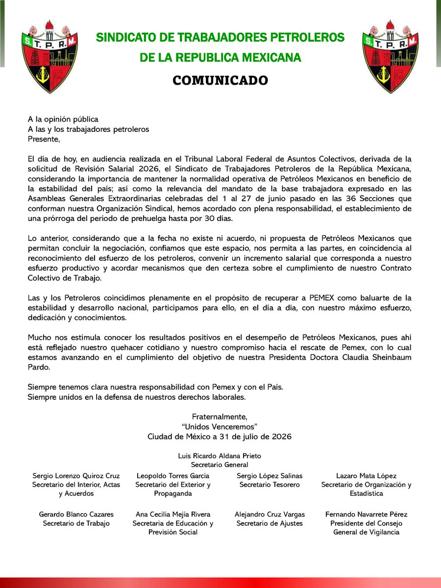 Seccion42_STPRM's tweet photo. La Sección 42 del STPRM expresa su respaldo total al Comité Ejecutivo General y a nuestro Secretario General, el Ing. Luis Ricardo Aldana Prieto, en esta decisión estratégica que fortalece la unidad sindical y protege los derechos laborales de más de 100 mil trabajadores petroleros.

Reiteramos nuestro compromiso con la defensa del Contrato Colectivo de Trabajo, la seguridad laboral y la dignidad de la familia petrolera. Unidos y firmes, acompañamos cada paso de este proceso.

#SomosSTPRM #MásUnidosQueNunca #UnidosVenceremos 
@lgps03101 @MarcoAzuara1 

Consulta el comunicado completo del Comité Ejecutivo General:
