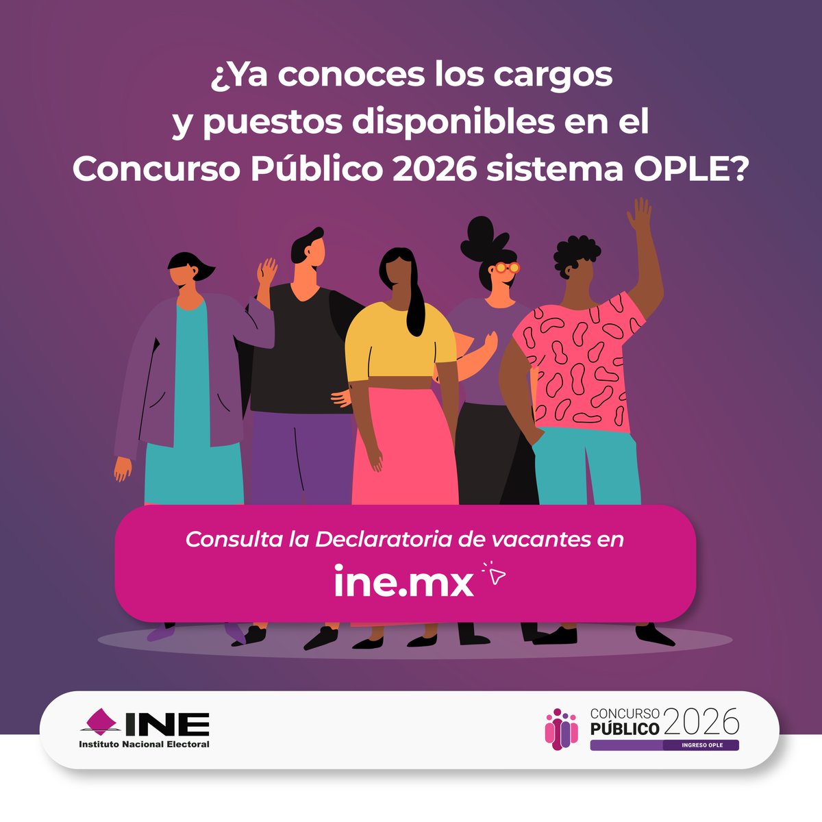 INEMexico's tweet photo. ¿Ya conoces las vacantes disponibles para el Concurso Público 2026 sistema OPLE? 🗳️💼

Revisa la Declaratoria de vacantes y consulta los cargos y puestos del Servicio Profesional Electoral Nacional a los que puedes postularte.

🌐 Infórmate en: https://t.co/3LkP8je9Gt https://t.co/TrBcr2dQea