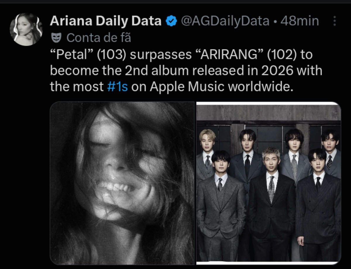 Honestblink7's tweet photo. Arirang had 132 #1 on apple music why ariana fans spreading fake news? https://t.co/eDMmyRsGaM