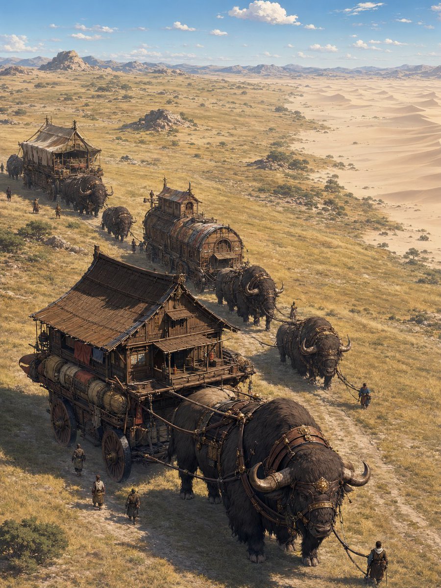 LofivibesbyGZU's tweet photo. Across the golden plains, the caravan follows a path older than memory—toward distant horizons, forgotten kingdoms, and stories still waiting to be told. ☀️✨

#FantasyArt #DigitalArt #FantasyLandscape #Worldbuilding #NomadicLife #CaravanJourney https://t.co/JdN7ngZkve
