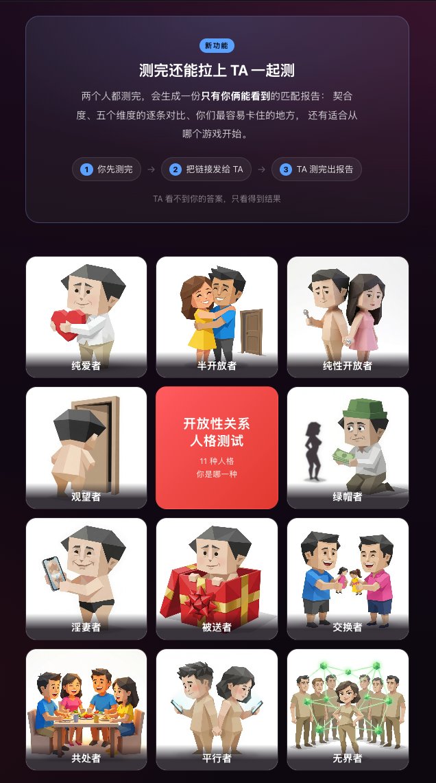 bugmaker000's tweet photo. https://t.co/gacg8eVtgr
开放性关系人格测试2.0版本现已上线
新版本结合了各类反馈问题和结果数据，优化了题目和分数��比，现在会更准确的描述出你的人格。之前测过的也建议再来测测哦！
同时还上线了双人匹配测试，测完之后发���你的伴侣测测你们之间的合拍程度！ https://t.co/Xeo22zHABy