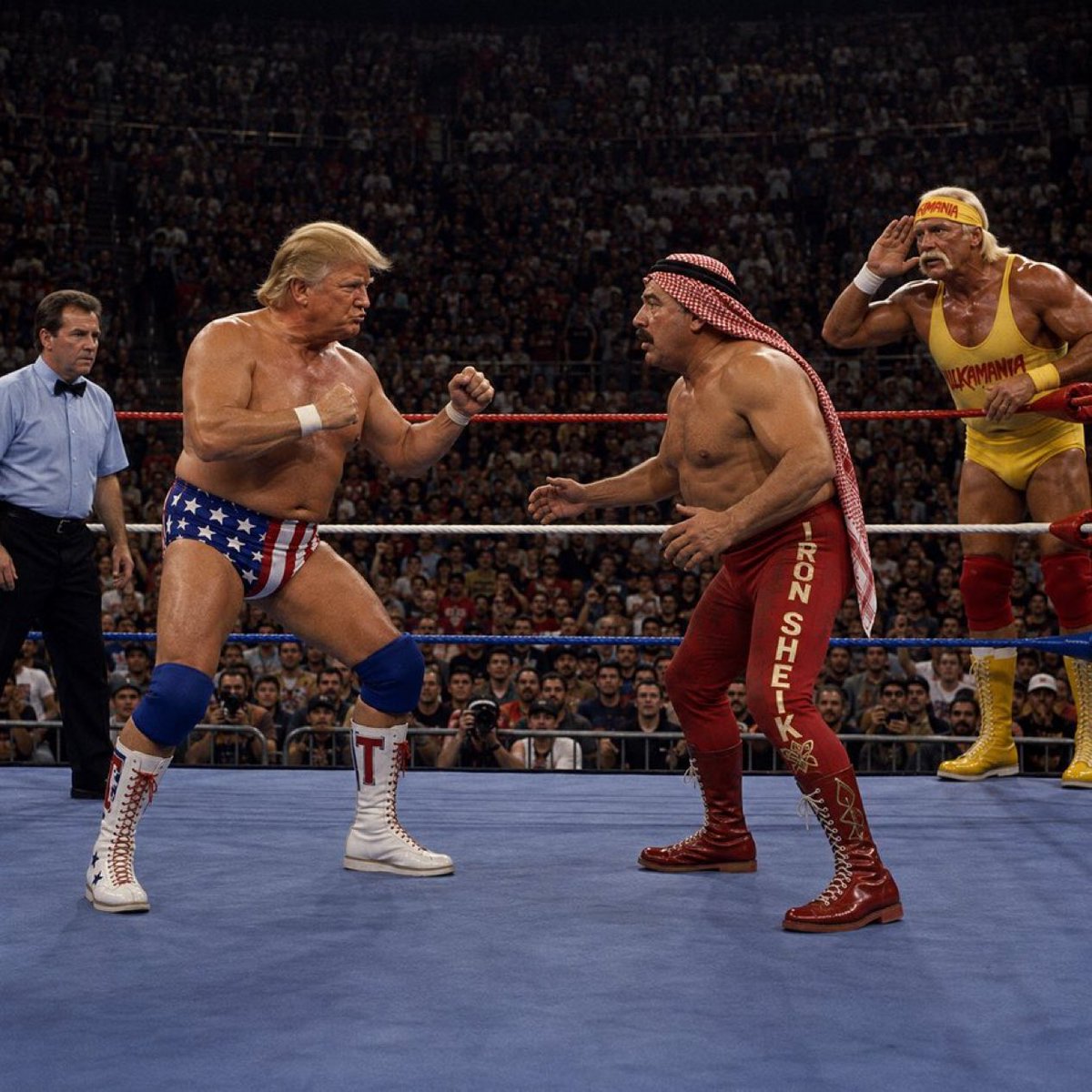 kentwillaim466's tweet photo. America grew up in the ‘80s watching Hulk Hogan whip the Iron Sheik, and millions of kids cheered every second of it! 

Somehow, we’re supposed to believe Donald Trump would have a problem with that now?

Not buying it. 🔥 https://t.co/LAOhGj5qbY