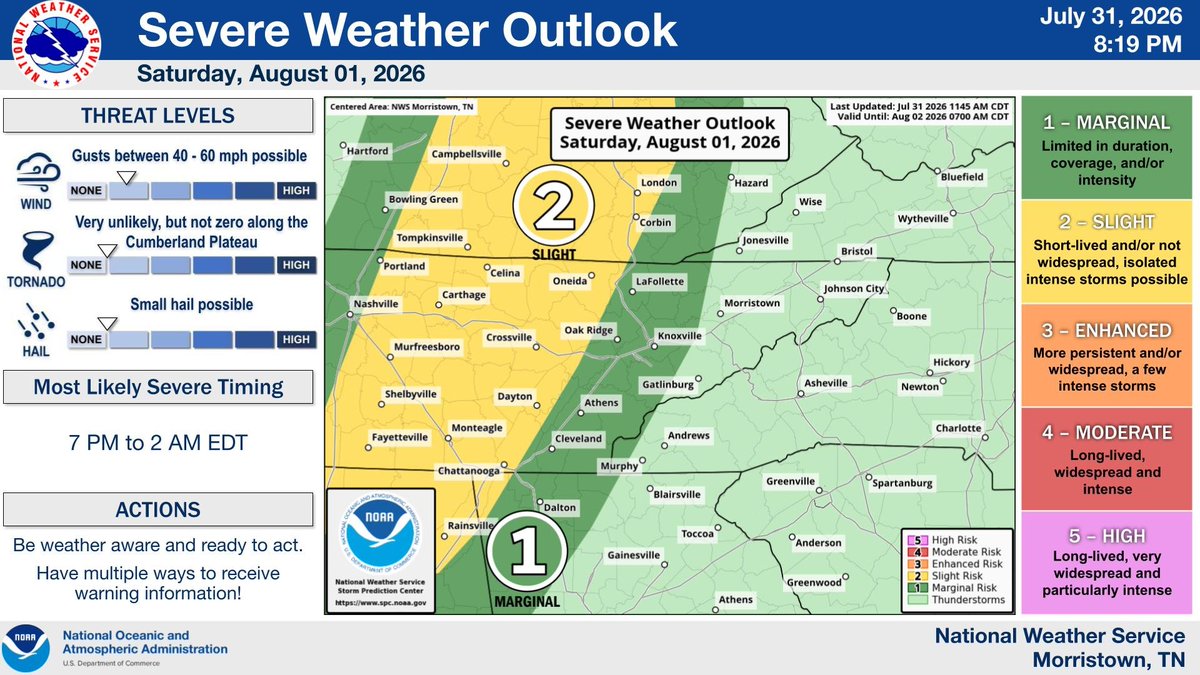 NWSMorristown's tweet photo. Some isolated severe storms will be possible Sat afternoon into Sat night. Damaging winds is the primary concern. Additionally, some isolated flash flooding will be possible too. https://t.co/2VgfBgvtRW