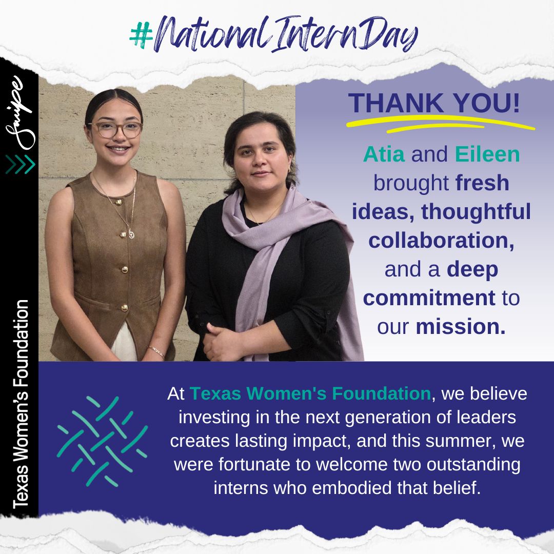 texaswomensfdn's tweet photo. Happy #NationalInternDay! 💜 Thank you, Atia and Eileen, for bringing creativity, fresh ideas, and dedication to @texaswomensfdn this summer. Your impact helped strengthen our mission, and we can't wait to see what's next! 

#StrongWomenBetterTexas https://t.co/ifrEDtzR8d