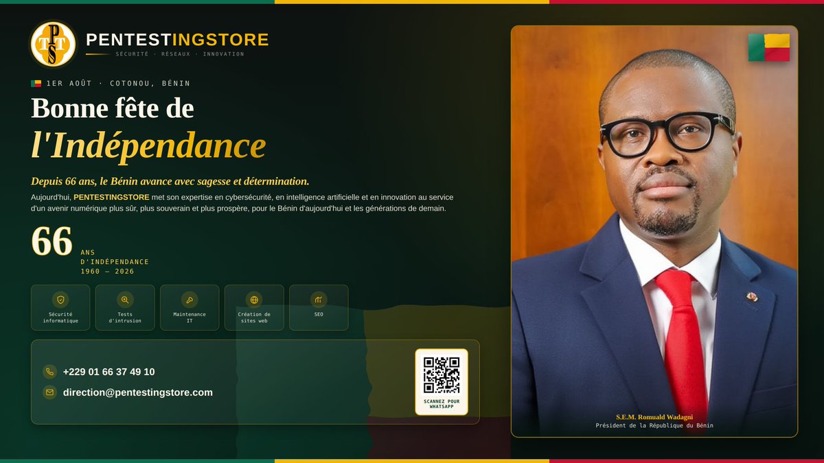 pentestingstore's tweet photo. 🇧🇯 1er Août 2026 | Bonne Fête de l'Indépendance du Bénin

À toutes les familles, à nos partenaires, à nos clients et à l'ensemble du peuple béninois, nous souhaitons une très belle Fête de l'Indépendance.

L'équipe #PENTESTINGSTORE
Sécurité • Réseaux • Innovation https://t.co/5gDlyJc9VW
