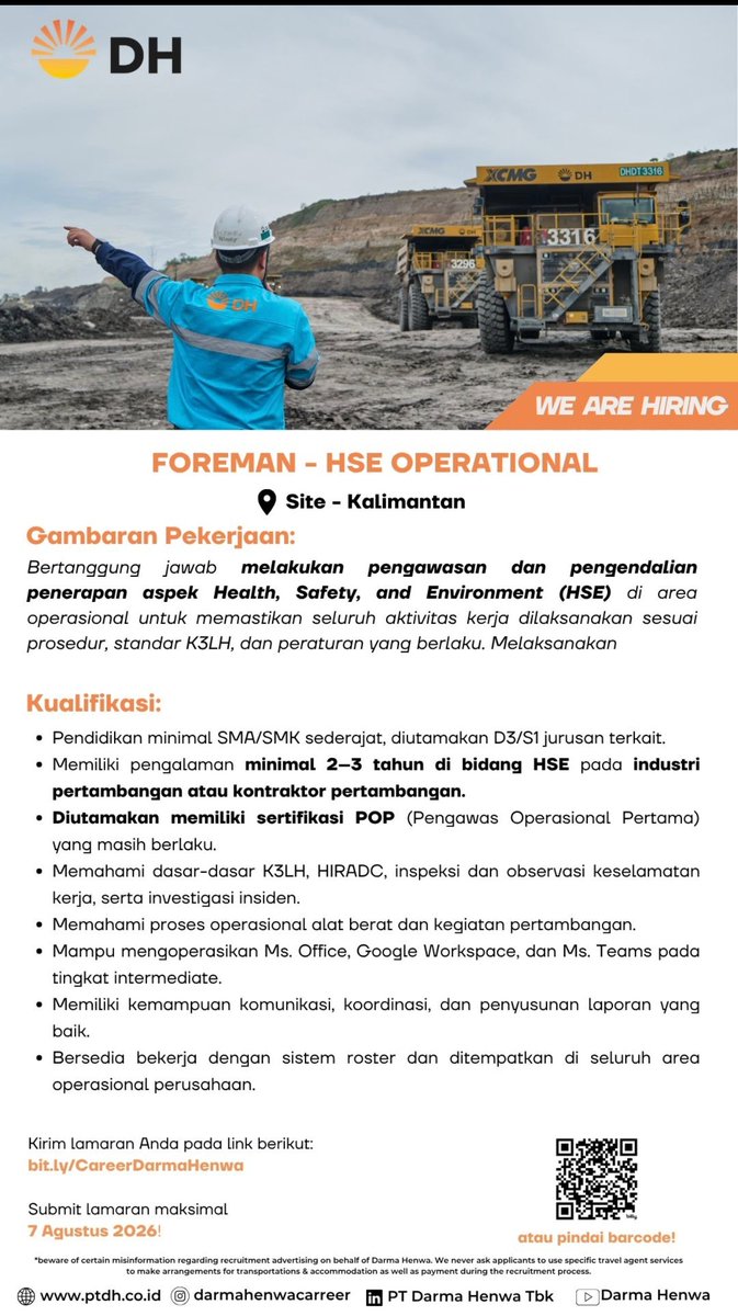 Loker_K3's tweet photo. Lowongan Kerja di Darma Henwa  (Khusus K3/HSE) https://t.co/QNzpdcXSY9
