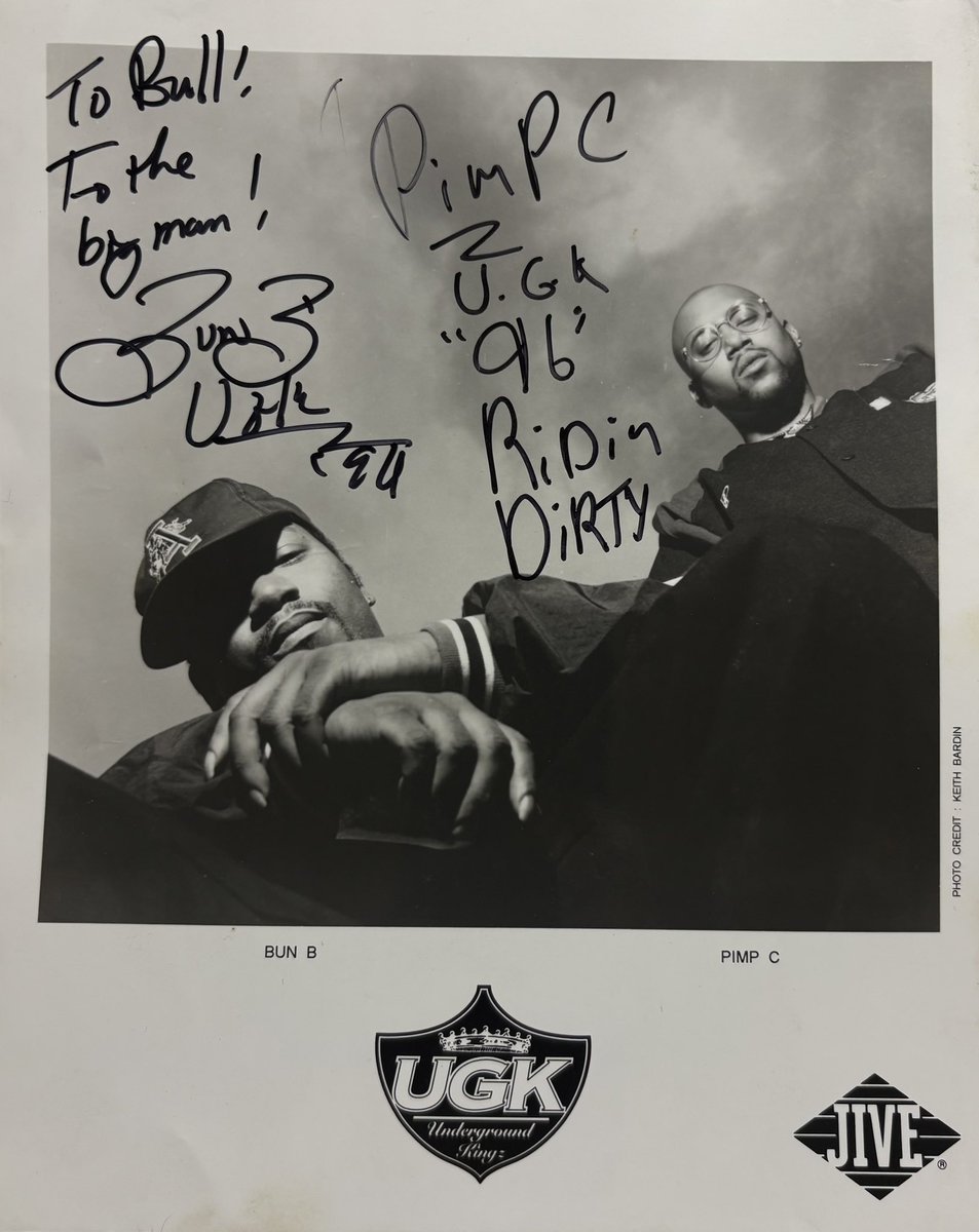 D3DJBULL's tweet photo. I’ve shared this before, but back in 1996 Bradley Kidd worked at Blockbuster, and UGK had an in store autograph signing for the Ridin Dirty album release. Brad was good friends with my brother, and Kenny knowing how big of a UGK fan I was, asked Brad to get me an autograph; or https://t.co/Cjdl0uXed5