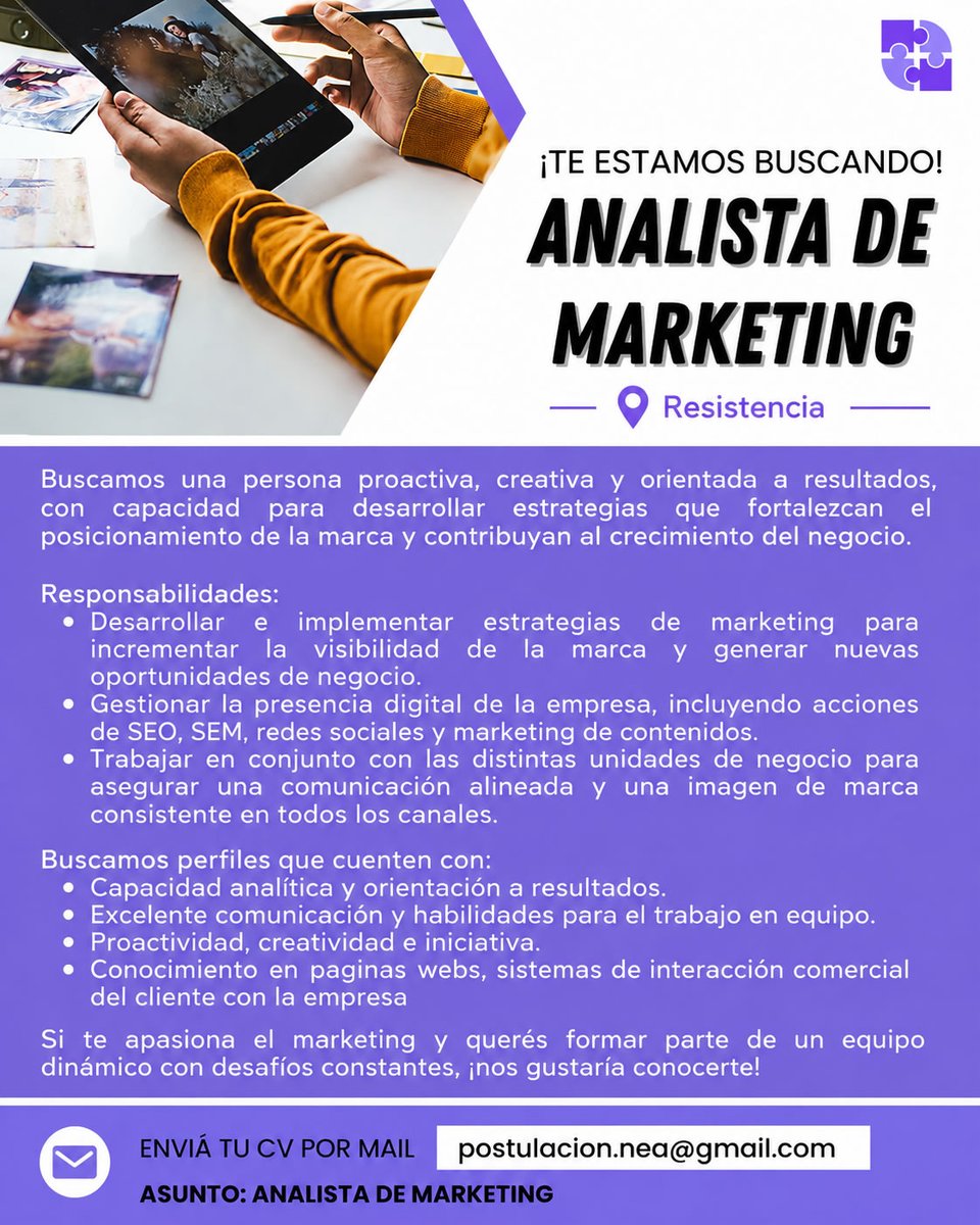 tneaar's tweet photo. 🟣⚪️ #RESISTENCIA - Reconocida empresa busca #ANALISTA DE #MARKETING

👉 Enviá tu CV por mail a: 📧 postulacion.nea@gmail.com con Asunto: "ANALISTA DE MARKETING"

#TNEA #Chaco #empleoar #trabajoar https://t.co/KMay2rW92S