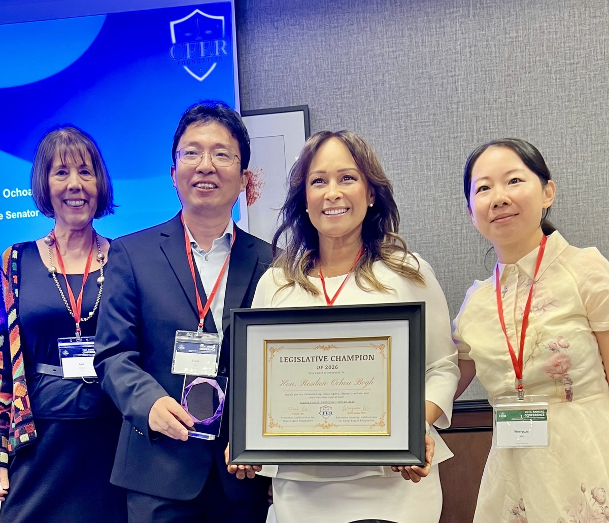 SenOchoaBogh's tweet photo. I am deeply honored and truly humbled to receive the 2026 Legislative Champion Award from Californians for Equal Rights Foundation (CFER).

This recognition is especially meaningful because it reflects a shared commitment to equal rights, liberty, freedom, and https://t.co/L8B7IF34vO