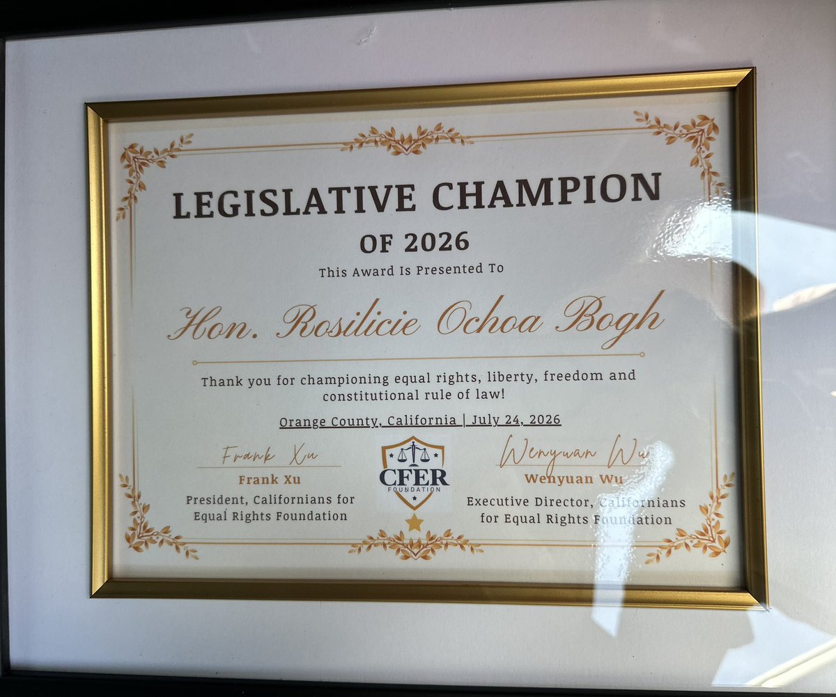 SenOchoaBogh's tweet photo. the constitutional rule of law. I am sincerely grateful to #CFER for their tireless work to protect equal opportunity, promote merit, and educate Californians on the principles that strengthen our state.

Serving the people of CA is a privilege, and I will continue https://t.co/TWWf4CgRBG