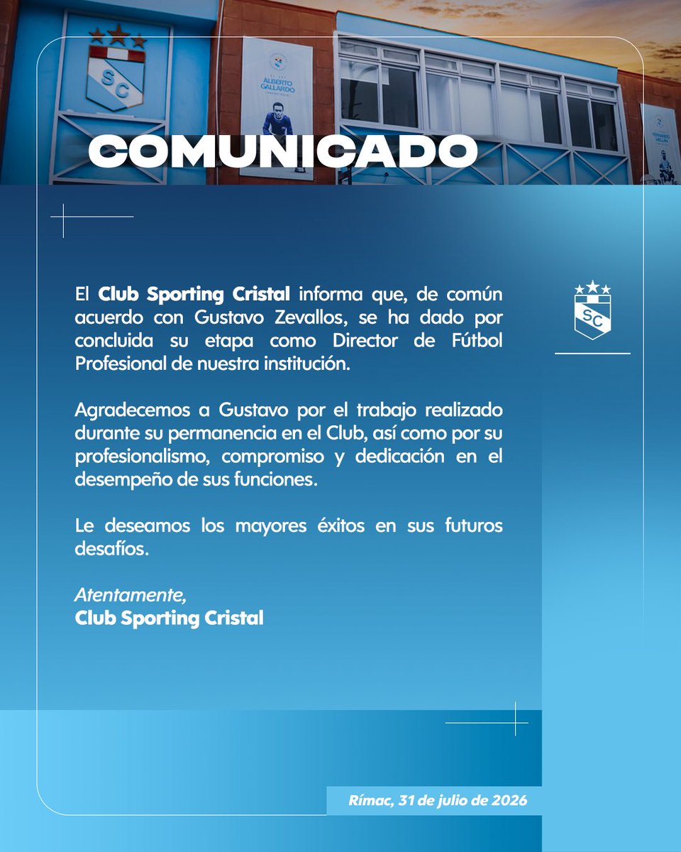 ClubSCristal's tweet photo. Comunicado oficial: Gustavo Zevallos https://t.co/G2YXDQHOTo