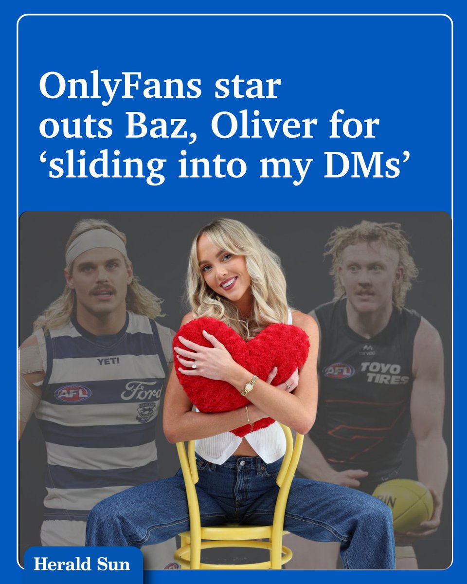 theheraldsun's tweet photo. Adult content creator Annie Knight, dubbed Australia’s most sexually active woman, has warned top AFL footballers Bailey Smith and Clayton Oliver to “stay out of my DMs” as she exposes one of the players as being a “repeat offender” > https://t.co/YqhkdwACLc https://t.co/W85h7b9xSg