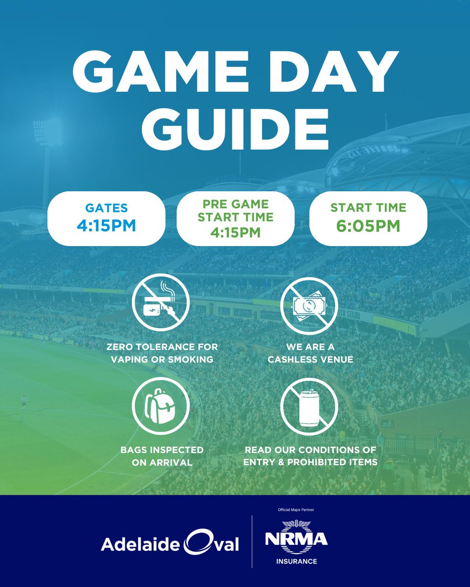 TheAdelaideOval's tweet photo. Port Adelaide take on GWS under Saturday night lights at Adelaide Oval 🏉

ℹ️ Find all your match info here and on our website. https://t.co/lAXKDcIKaU