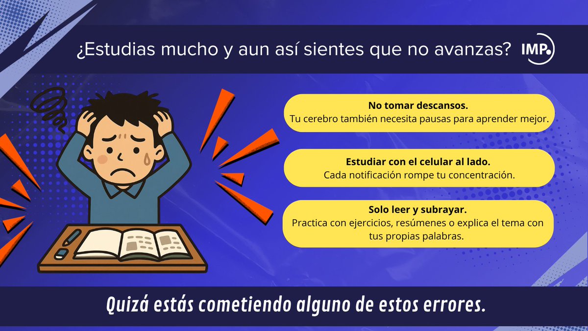 IMPo_Oficial's tweet photo. 📚 Estudiar más no siempre significa aprender mejor.
A veces, pequeños hábitos pueden estar frenando tu progreso sin que lo notes.
✅ Haz pausas.
✅ Aleja el celular mientras estudias.
✅ Practica y explica lo que aprendiste
#Aprendizaje #Estudio #Educación #IMPo https://t.co/tTvVzNkqPs
