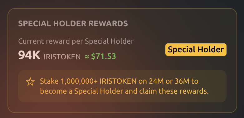 Iris_token's tweet photo. 📢 Special Holder rewards will be distributed on the 3rd.

We encourage all Special Holders who have not yet claimed their current month's rewards to do so as soon as possible.

Where does the money come from?

Originally, these rewards were funded by the penalties paid by users who ended their staking positions before maturity.

Since this feature has been temporarily disabled, the DAO has allocated a monthly reward pool dedicated to Special Holders.

The exact amount is revealed on the day of distribution.

⚠️ Important:

Any rewards from the current month that are not claimed will be returned to the reward pool and redistributed among all eligible Special Holders.
Special Holders who have not completed the migration will forfeit the rewards distributed.

⏳ You have 48 hours left to complete your migration and claim your rewards.