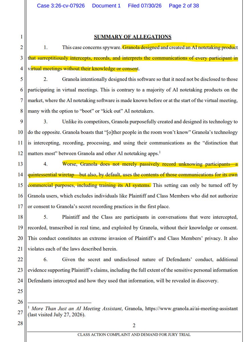 RobertFreundLaw's tweet photo. Granola secretly records meeting conversations without consent of participants and uses the recordings to train its AI models, according to a new class action filed yesterday.

Plaintiff says Granola recorded her meeting but was never notified of Granola's presence. 

Granola's allegedly said on its website that "other people in the room won't know it's there."