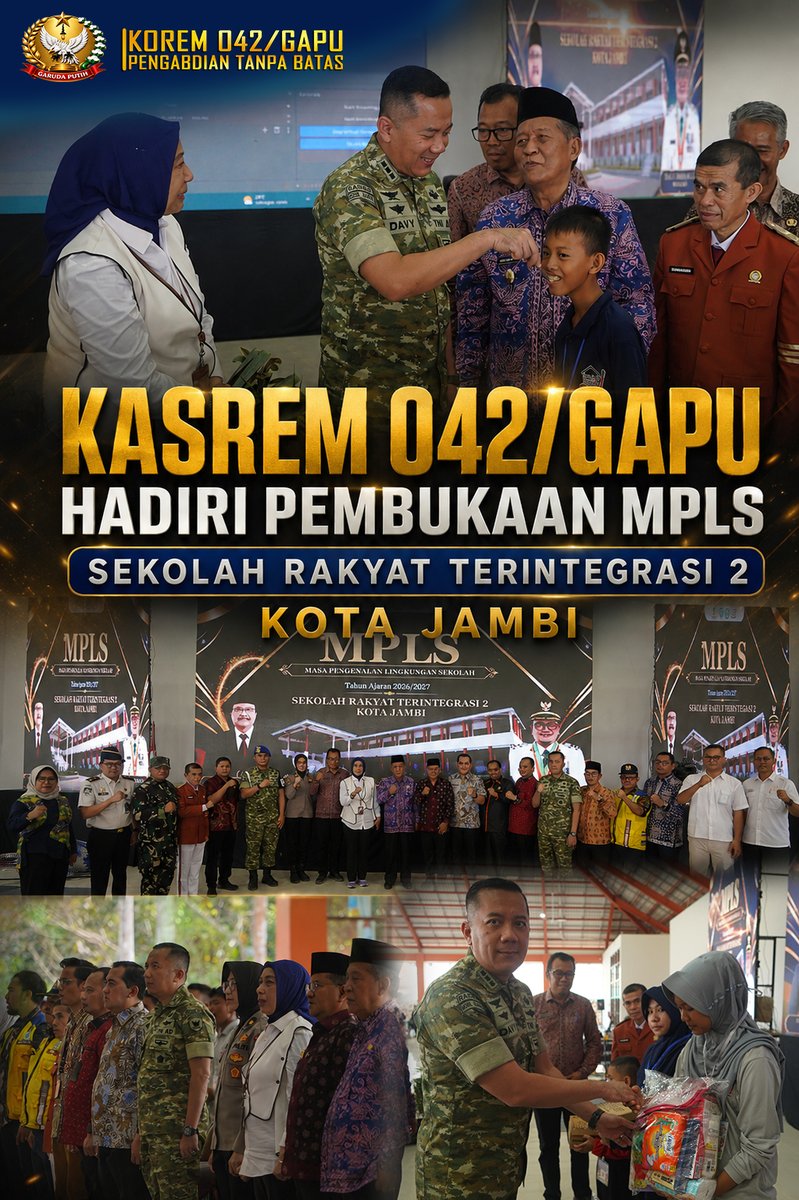 Korem042's tweet photo. Kasrem 042/Gapu Kolonel Inf Davy Darma Putra menghadiri pembukaan Masa Pengenalan Lingkungan Sekolah (MPLS) di Sekolah Rakyat Terintegrasi 2 Kota Jambi sebagai bentuk dukungan terhadap program strategis pemerintah dalam mewujudkan pendidikan berkualitas bagi anak-anak Indonesia. https://t.co/raRh9Pepnd