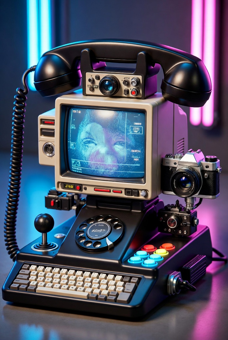 mik0721's tweet photo. Grokに
「80年代のパソコンとアーケードゲームと一眼レフカメラを一体化した黒電話を描いて！」
とお願いした結果。
つまり、80年代にスマホと同じ機能を持たせようとしたらこうなってたのかぁ〜📱 https://t.co/1L2kPtbEYo