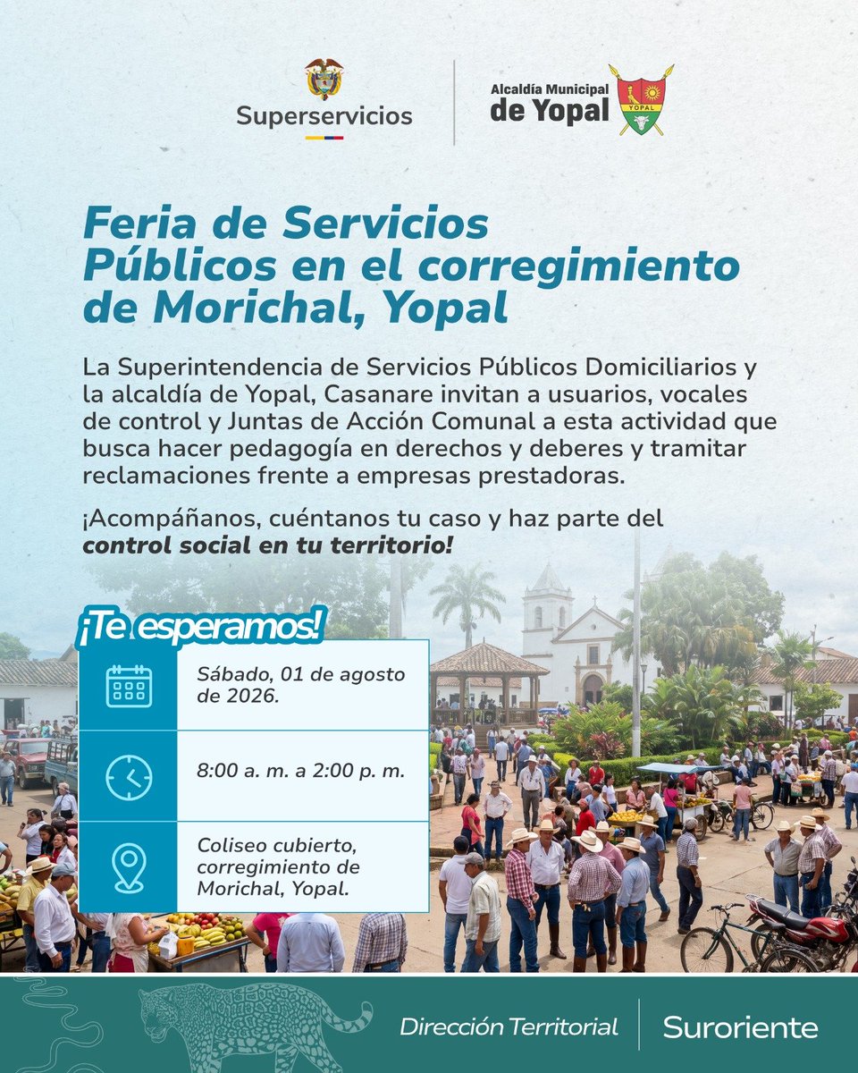Superservicios's tweet photo. La Superintendencia de Servicios Públicos Domiciliarios y la Alcaldía de Yopal invitan a la Feria de Servicios Públicos, dirigida a usuarios, vocales de control y Juntas de Acción Comunal. Durante la jornada se realizarán actividades pedagógicas encaminadas a fortalecer el conocimiento de la comunidad sobre sus derechos y deberes, y herramientas para tramitar reclamaciones frente a las empresas prestadoras.

¡Los esperamos! Cuéntenos su caso y haga parte del control social en su territorio.