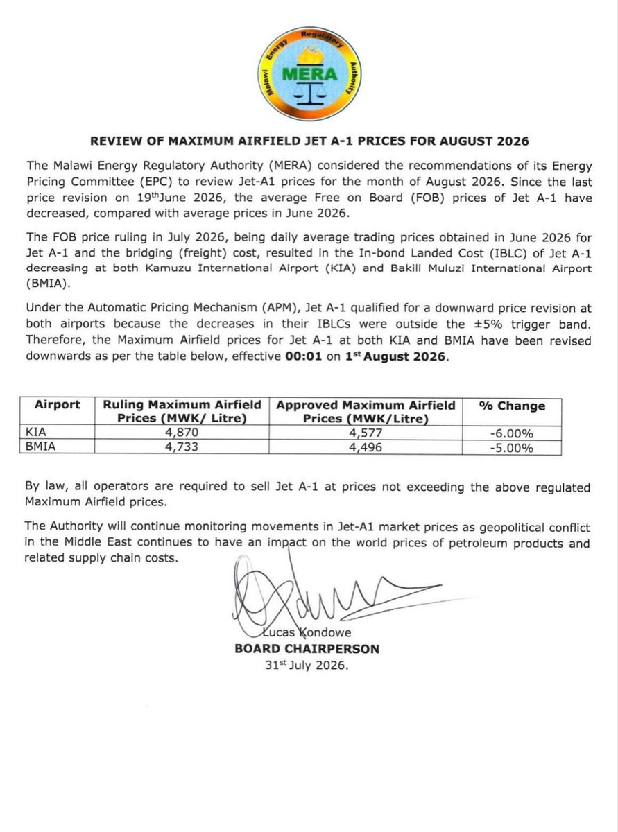 NationOnlineMw's tweet photo. Malawi Energy Regulatory Authority (Mera) has adjusted downwards the prices of diesel, industrial paraffin and Jet A-1. https://t.co/UYbxdNGEkG