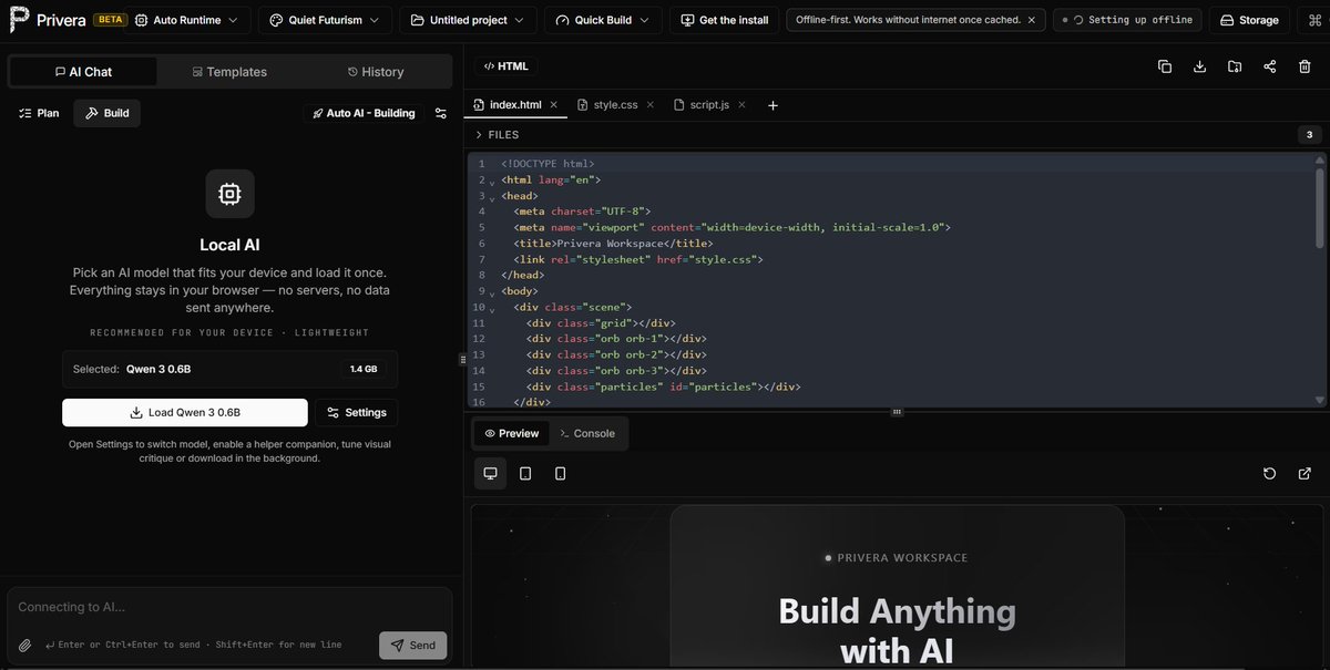 PriveraAI's tweet photo. Privera AI is an offline capable, unlimited use, GPU powered AI model.

It works by backing open source offline AI models with additional context space, and numerology for faster and smarter results.

Privera makes offline AI models downloadable to any GPU so powerful it can even vibecode, our terminal is live now.

The $PAI token will be used for payment in burns only. We stand by having no accounts, no-sign up. So you can use $PAI in any random wallet to make your one time purchase after the free-trial.