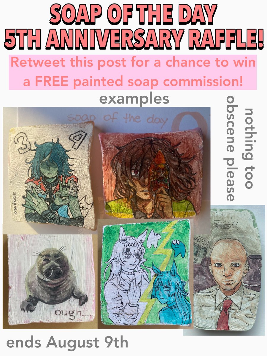 soapotd's tweet photo. Soap Of The Day was established on July 28th, 2021.
To celebrate 5 years of Soap Of The Day and as a thank you gift to all Soapers, I'm hosting a raffle! Just retweet this post for a chance to win a free painted soap commission. Winner will be randomly picked on 8/9! https://t.co/Fx8mdJbF2N