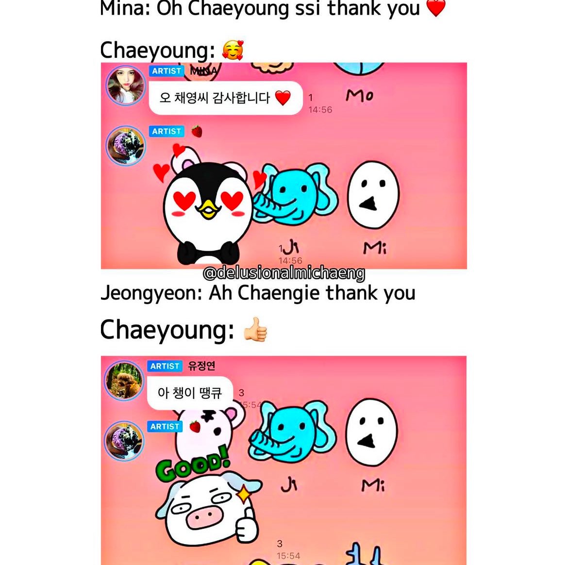 kar_koala's tweet photo. The difference between Chaeyoung’s reply to Mina and Jeongyeon made me laugh 🤣 https://t.co/nThsyFBCGc