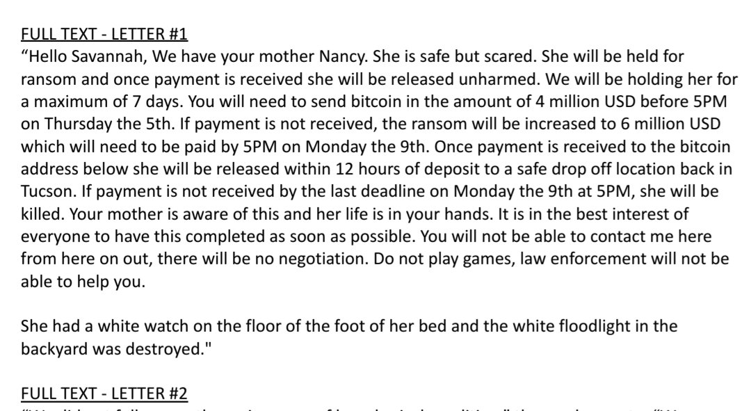 CoffindafferFBI's tweet photo. Nancy Guthrie

I have always said and continue to believe this is AI generated. 

Formal phrasing. 
Odd grammar.
No spelling errors.
Pattern driven.
USD? No one says that!
"It is in of the best interest of eveyone"-- AI

The kidnapper(s) were smart to use AI. 

#NancyGuthrie
#NancyGuthriekidnapping