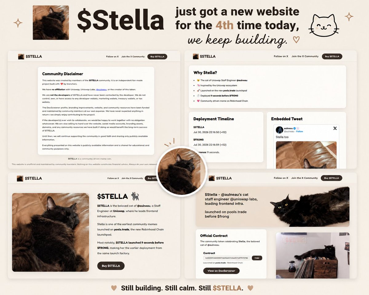 UniswapCat's tweet photo. 🐈‍⬛ New website. Again.
Yes… this is the 4th website update today.

We're obsessed with making $STELLA better every single day, and we're just getting started.
https://t.co/t4xsY9xEBS

Built by the community, for the community.
We keep building. 🖤

$STELLA #RobinhoodChain #Uniswap #Memecoin
