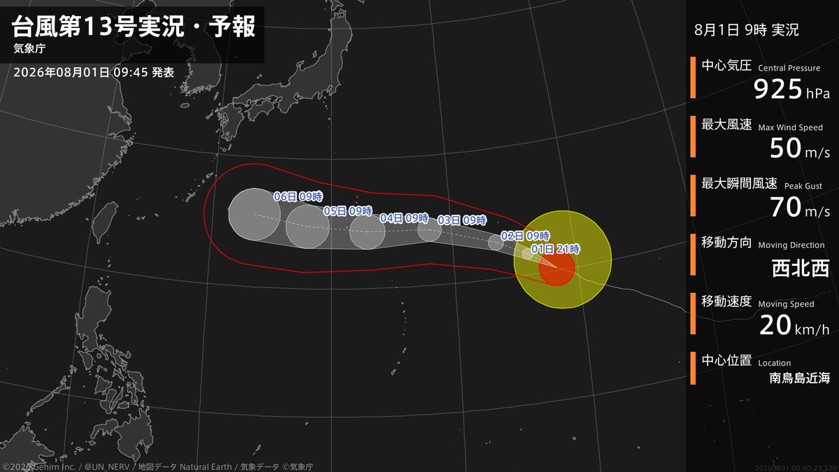 UN_NERV's tweet photo. 【台風第13号実況・予報 2026年08月01日 09:40】
非常に強い台風第13号（ドルフィン）は、南鳥島近海を1時間に20キロの速さで西北西に進んでいます。 https://t.co/ydm7idjGSm