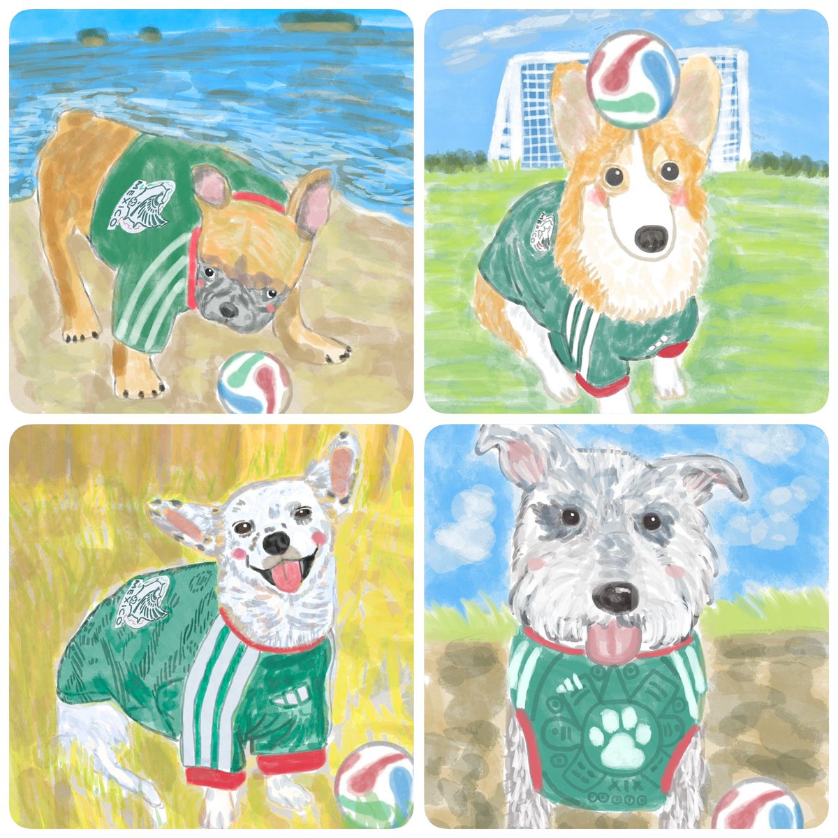 harukaze_illust's tweet photo. メキシコ🇲🇽の方のご依頼で描かせて頂いた

愛犬たちのメキシコユニフォーム姿
自分で言うのもあれだけど素敵に描けたかな？🤭
可愛く柔らかく描くことを意識してます

ご依頼はいつでも待ってますDMまで https://t.co/uidGuZP3Sb