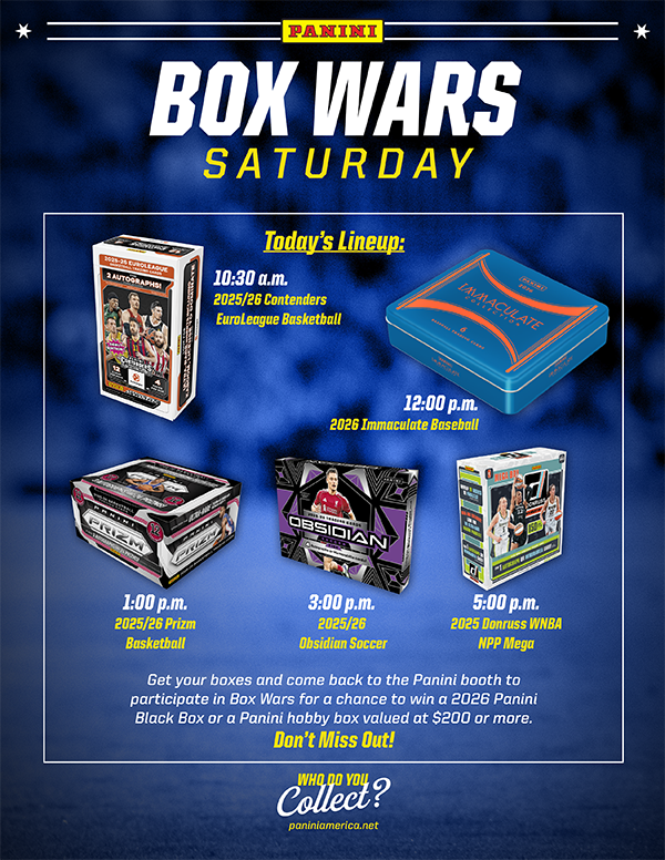 PaniniAmerica's tweet photo. Don't miss out on the biggest Panini Box War prize at the National!

Saturday 1pm at the Panini Booth, participate in the Prizm Basketball Box War for a chance to win a ticket to the Panini VIP Party along with Panini Silver Packs!

#TheNational #WhoDoYouCollect https://t.co/n98eUmf50V