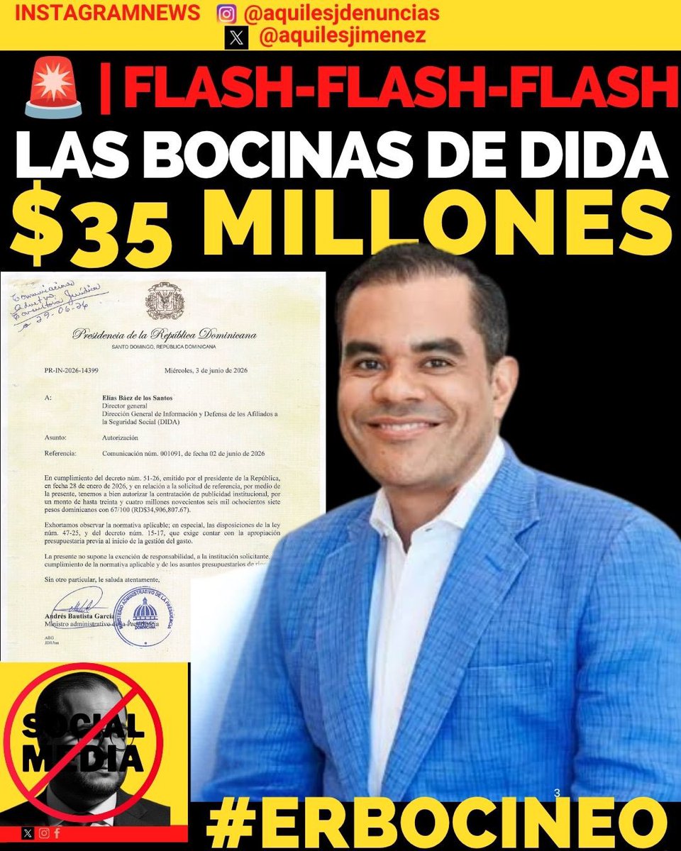 aquilesjimenez's tweet photo. Coño @Eliasbaezd ¿RD$35 millones en BOCINAS mientras el país enfrenta tantas necesidades?

En momentos en que miles de dominicanos reclaman mejores servicios públicos, sorprende que se autorice una contratación de publicidad institucional por casi RD$35 millones. 

Cuando se trata de hospitales, medicamentos, pensiones o seguridad, siempre dicen que “no hay recursos”. 

Pero cuando llega la hora de promover la imagen del Gobierno, los millones aparecen como por arte de magia.

El dinero público no es para fabricar aplausos ni para convertir la publicidad oficial en un mecanismo de influencia sobre los medios.

Porque una cosa es informar; otra muy distinta es financiar propaganda con el bolsillo de los contribuyentes.

Ps: @luisabinader sal de estos compromisos