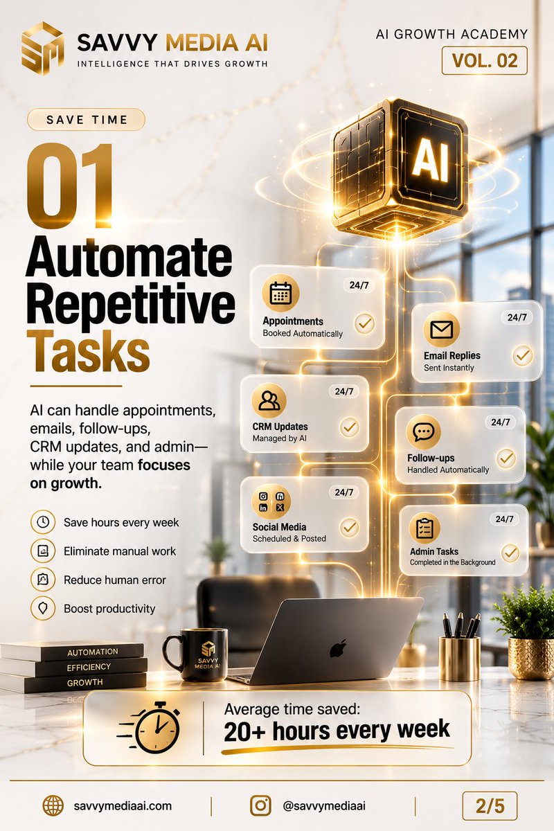 SavvyMediaAI's tweet photo. 🚀 What would you do with 20+ extra hours every week?

AI can automate admin, respond to every lead instantly, provide 24/7 customer support, and streamline your workflows—so you can focus on growing your business.
Swipe through 👇
🌐 https://t.co/2FT5ptQyQf

#AI #CRM https://t.co/gg7LWWE1xv