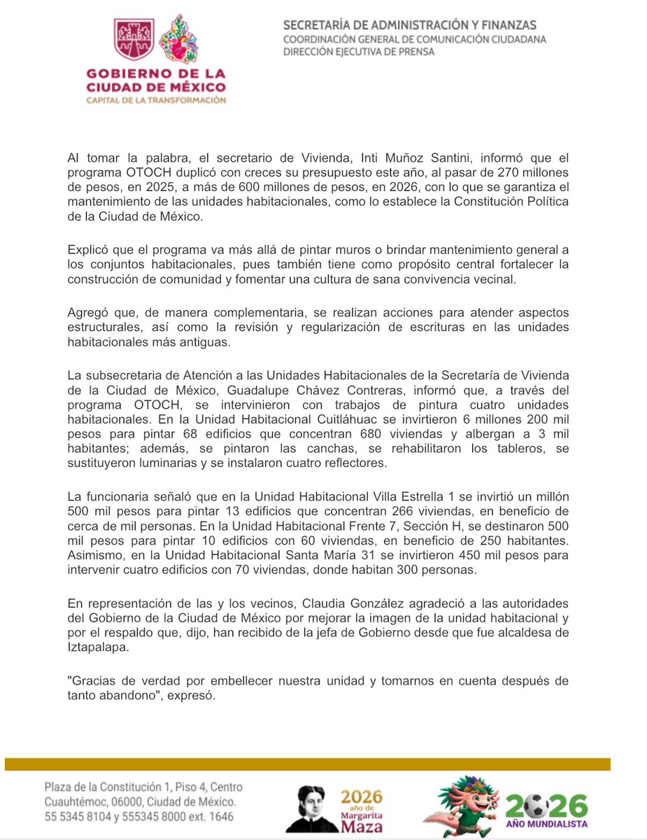 INVICDMX's tweet photo. #Boletín |🏘️ Con el programa #OTOCH, se entregó la rehabilitación de cuatro unidades habitacionales en Iztapalapa, recuperando espacios comunes y mejorando las condiciones de vida de las familias que habitan estos conjuntos.
Consulta más información 👇 https://t.co/7XB5RNuNIw