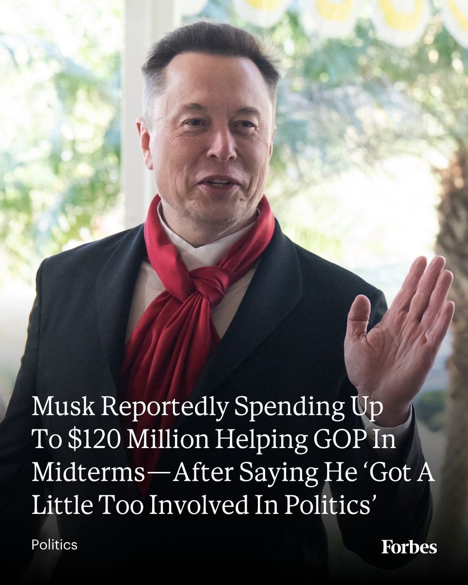 Forbes's tweet photo. Elon Musk has authorized his super PAC to spend up to $120 million to help elect Republican candidates in the upcoming midterm elections, according to reports. 
Read more: https://t.co/AdYyCYXoJk
Photo: Saul Loeb/AFP via Getty Images https://t.co/DDmoptRflI