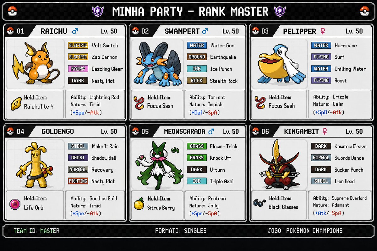 GusttaHenry_'s tweet photo. Pergunta sincera pra comunidade do competitivo pokemon 

Cheguei ao Rank Master na minha primeira semana de jogo. Posso considerar que agora o tutorial acabou e o jogo começou de verdade?😅

Tô curtindo demais o game até agora.

Ah, e esse foi o time que me levou até o Master: https://t.co/njdxOfiubk