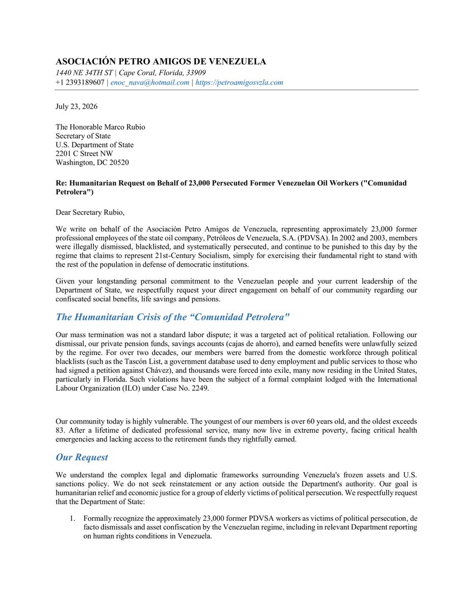 petroamigosvzla's tweet photo. Dear Secretary Rubio @SecRubio @marcorubio,  On behalf of the 23,000 former PDVSA workers of the “Comunidad Petrolera,” we respectfully submit the attached letter requesting your kind attention to their longstanding humanitarian concerns.  We deeply appreciate your commitment to the Venezuelan people.

X: @petroamigosvzla
  
Email: petroamigosvzla@gmail.com

@realDonaldTrump
@POTUS
@USTreasury
@SenateForeign
@RepMariaSalazar
@SenTimKaine
@SenRickScott
@SecKennedy
@MarioDB
@RepCarlos
@petroamigosvzla
@DiesbaloEs65059
@rafa_na
#DignidadParaLosPetroleros
#LaLuchaContinúa
#GeneraciónRelevo
#PDVSANoEstaQuebrada
#PetroAmigosVenezuela
#PetroAmigos 
#PDVSA 
#23AñosEsperando
#23AñosDeInjusticia
#Citgo
#OFAC
#CIDH
#Crystallex
#HolocaustoPetrolero
#QueremosCobrar
#RetuiteaPorLaJusticia
#CitgoEsDeVenezuela
#NoMásSilencio
#SomosPetrleros
#kilometro_internacional
#HumanRights
#JusticeMatters
#TruthAndJustice
#LaborRights
#RightToCompensation
#SocialJutisce
#BreakingNews
#StandUpForRights
#citgosale
#PDVSAWorkers 
@TheJusticeDept
@StateDept
@MariaCorinaYA 
@PerkinsRocha 
@calderonberti
@EdmundoGU
@VenteVenezuela
@calderonberti
@Reuters
@Forbes
@nytimes
@washingtonpost
@WSJ
@CNN
@ABC
@CBSNews
@NBCNews
@ElNacionalWeb
@cocando
@carlaangola
@Simonovis
@NituPerez
@MiguelContigo
@dplacer
@apolitikoyt
@Norbey_Marin_
@AleMarcanoS
@la_katuar
@PattyPoleo
@ElPitazoTV
@venevision
@VenevisionTV
@pdvsamovimiento