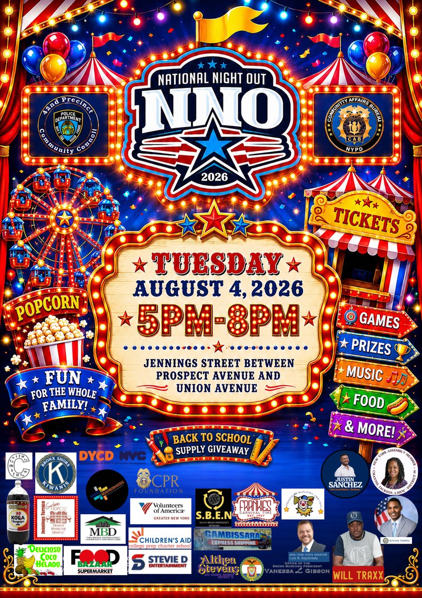NYPD42Pct's tweet photo. 🎉 National Night Out is almost here! Join the 42nd Precinct for an evening of family fun, music, games, food, prizes, and a Back-to-School Supply Giveaway. We look forward to celebrating with our community on Tuesday, August 4, from 5 PM–8 PM! 💙🚔 https://t.co/Dwaeuchj6E