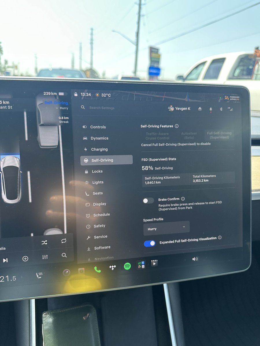 Yev_K's tweet photo. Every time I drive my @UnpluggedTesla model 3, I tend to drive it myself as it is so much fun how it handles the road, my self driving stats with latest update shows that. When I drive my cybertruck, I always going somewhere on a long trip and self driving stats are at 75%. Maybe it’s time to @UnpluggedTesla my cybertruck?