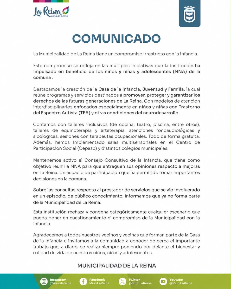 MuniLaReina's tweet photo. COMUNICADO MUNICIPALIDAD
 DE LA REINA https://t.co/Pb9LixW35T
