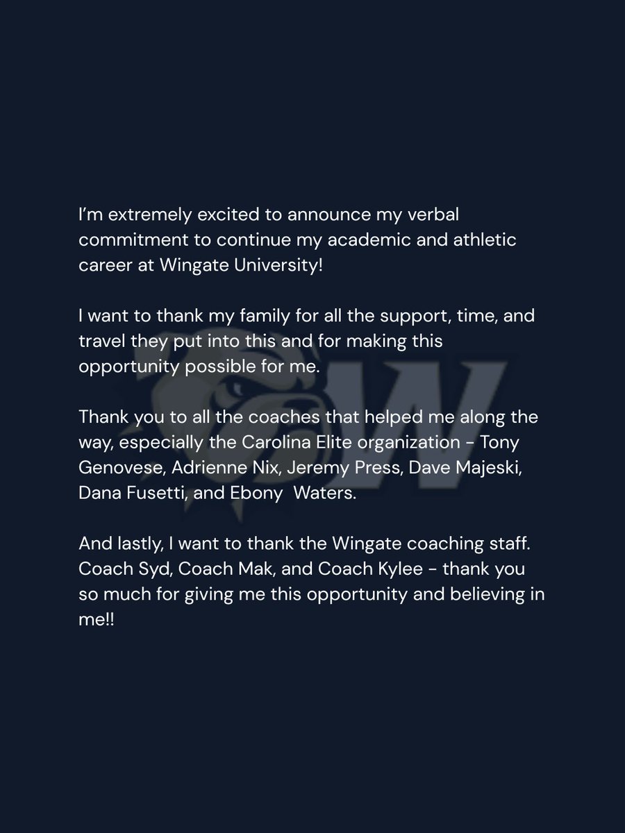 makaylajbess's tweet photo. I'm so excited that the next step is Wingate University! 
Go Bulldogs!
@WUSbulldogs @ScGenovese @CarEliteNCorg @makaylab_22 https://t.co/1c45g7p1WN