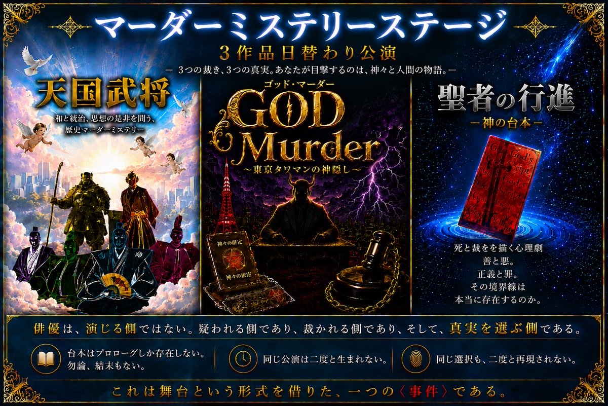 murder_stage's tweet photo. #マーダーミステリーステージ
3作品日替公演🎩

🎫オフィシャル先行（抽選）は8/5 23:59まで受付‼️

✅お申込はこちらから💁‍♀️
https://t.co/S1GmPrLOB5

事件の真相を即興で推理し真犯人を炙り出す！！

📅9/19(土)～9/23(水・祝)まで
📍浅草花劇場
#マダミス https://t.co/Y6cFYDe8d0