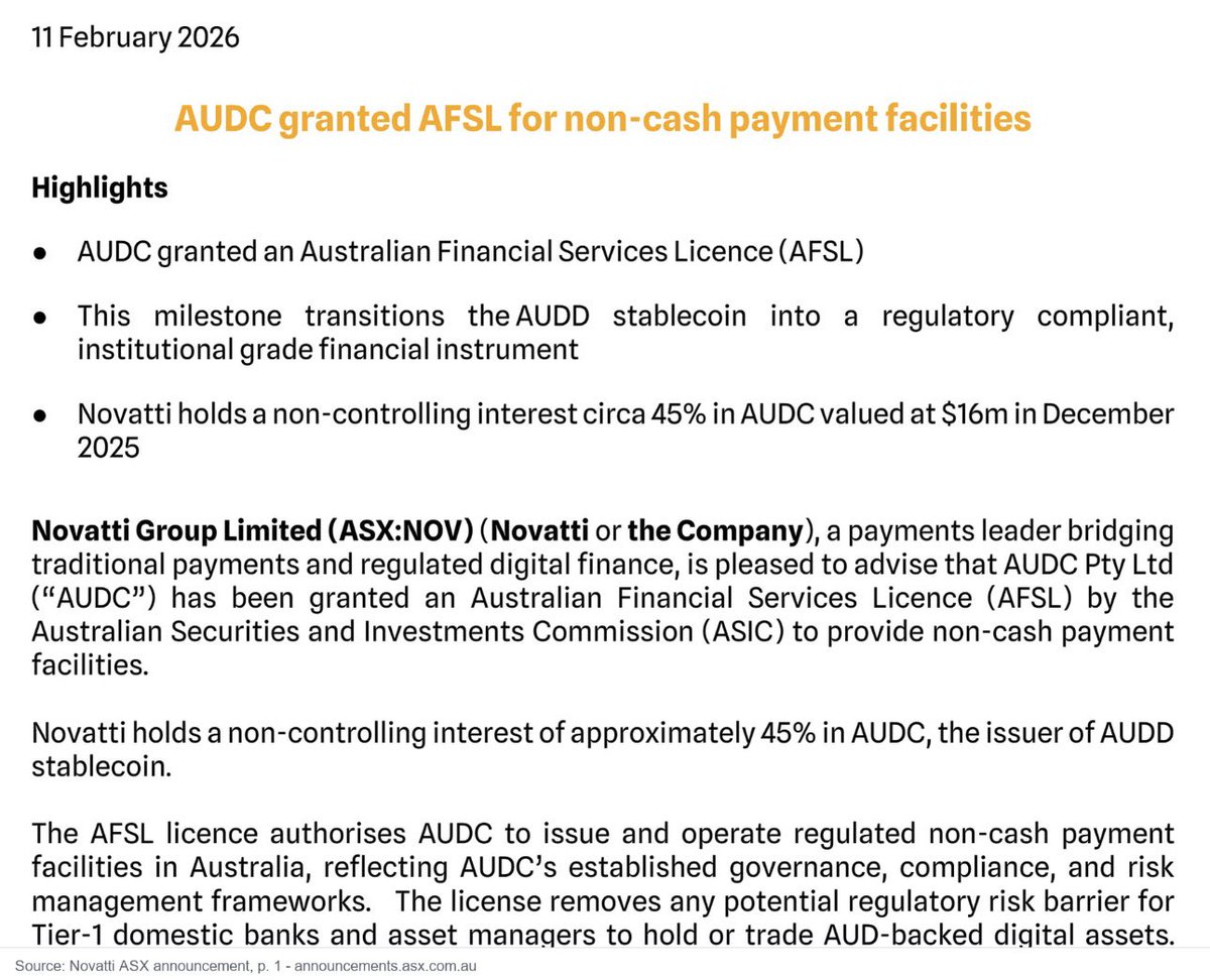 BrittanyManuel6's tweet photo. AUDD, an Australian dollar stablecoin, was granted an AFSL by ASIC for non-cash payment facilities. That's an Australian regulator licensing a specific stablecoin issuer under its own securities framework. https://t.co/eEIXu6r8IU