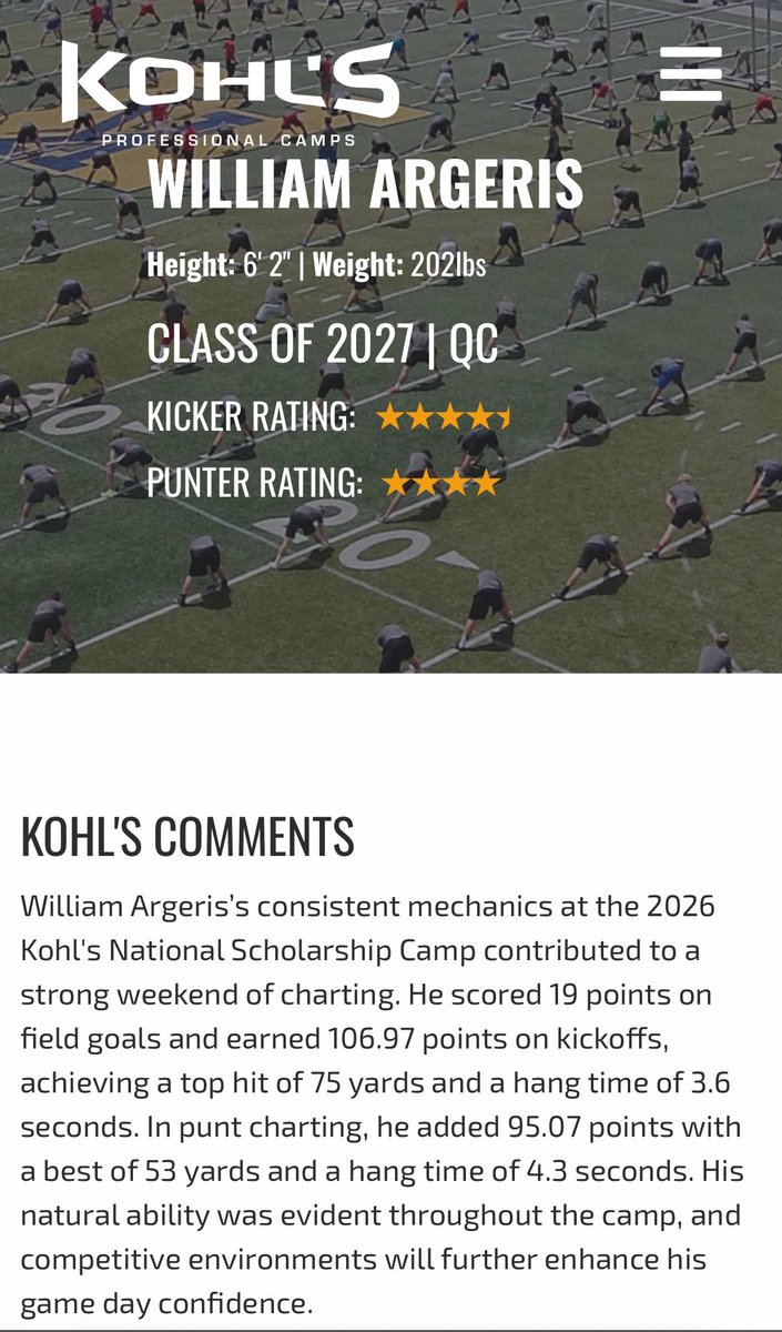 WilliamArgeris's tweet photo. Ater the kohls National Scolarship camp I was blessed to receive a 4⭐️punter rating as well as a 4,5⭐️ kicker rating. I will build on that to become the best version of myself.@97RyanJones @KohlsKicking https://t.co/hqTupMurvD