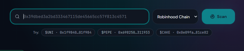 RBHscan's tweet photo. Paste any token or wallet contract address. RobinScan checks honeypots, mint rights, blacklists, taxes and liquidity locks — then hands you a clear verdict. https://t.co/qbMfj6k3Lj
