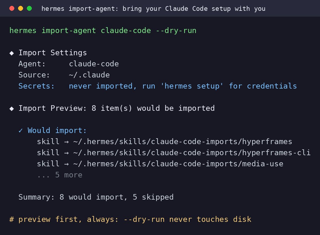 Hermes import preview showing how an existing Claude Code or Codex setup maps into memories, skills, MCP config, and command allowlists