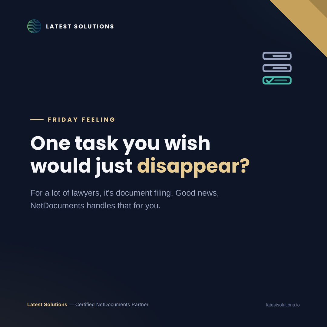 SolutionsLatest's tweet photo. Last Friday of July ☀️ What's one task you wish would just disappear from your to-do list? For a lot of lawyers, it's document filing. Good news, NetDocuments handles that for you.
#FridayFeeling #LegalTech #NetDocuments https://t.co/ZYkjEWQ118